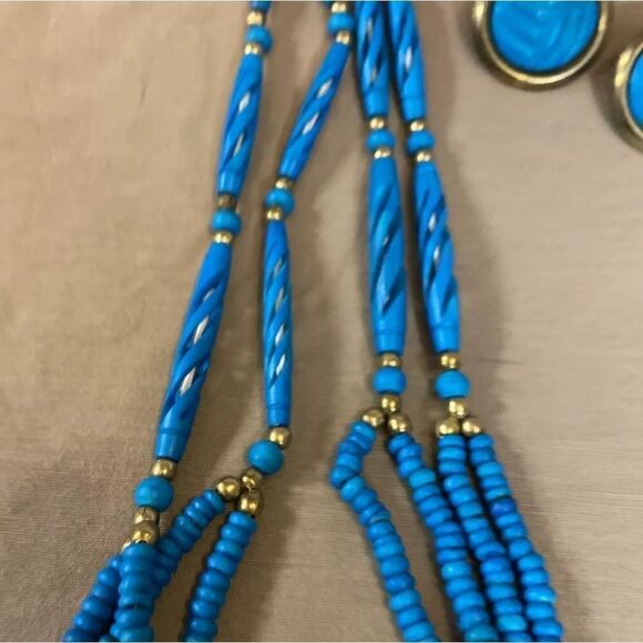 Carol for Eva Graham Vtg Beaded Turquoise Necklace & Pierced Earrings India NWT - Picture 8 of 10
